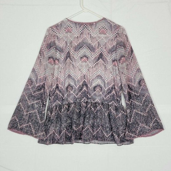 BLEU Top Womens S Pink Gray Long Bell Sleeve Boho Peasant Blouse Rhinestones - Picture 9 of 12